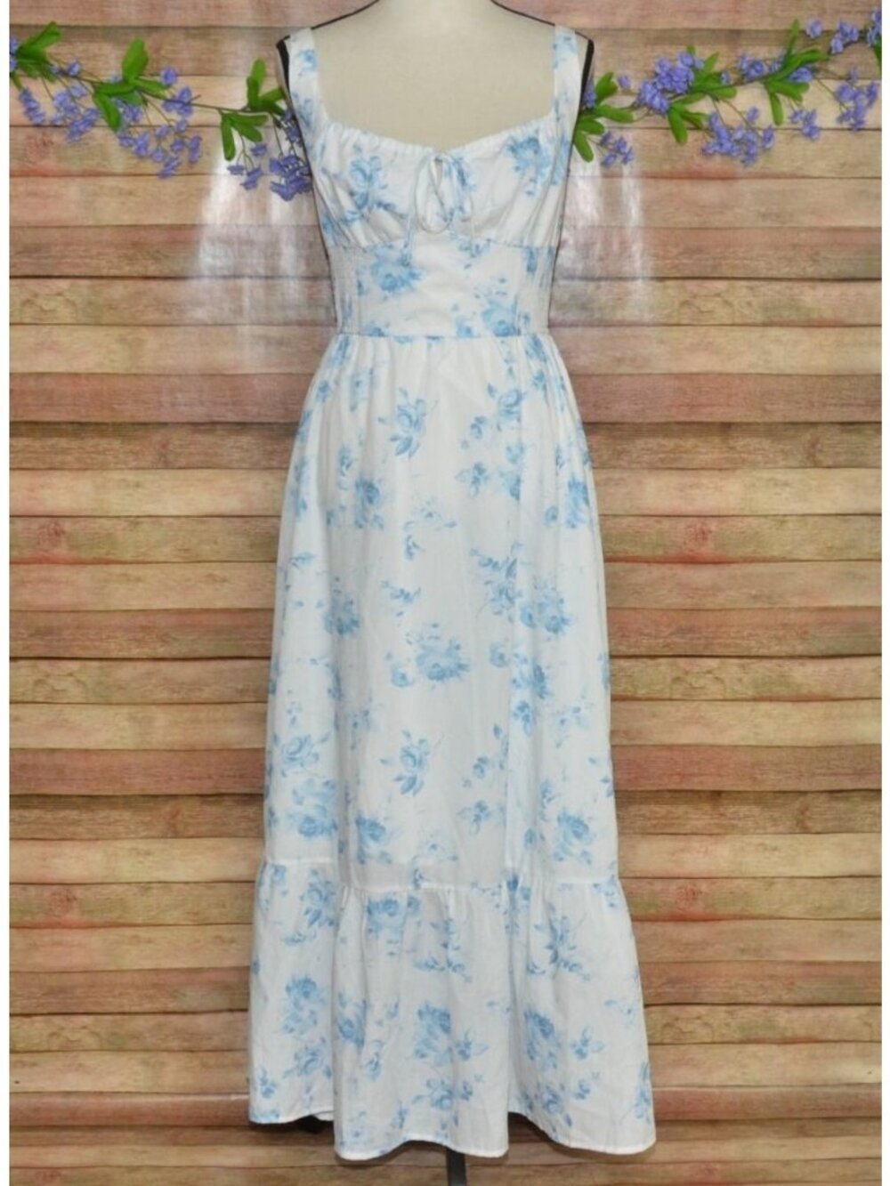 Blush & Day Baby Blue Floral Maxi Sundress Size M Milkmaid Cottage Core Tiered